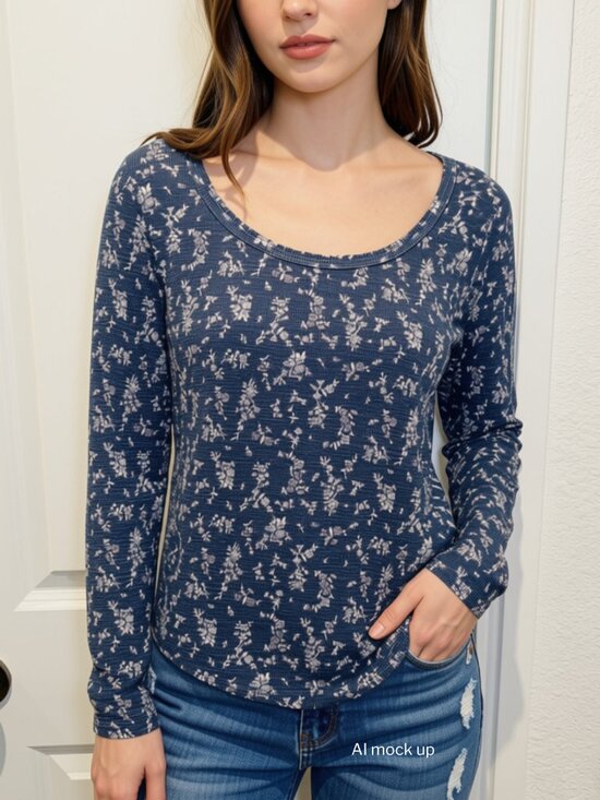 Wallflower Tops - Wallflower Blue Floral Ribbed Long Sleeve Top Size XL